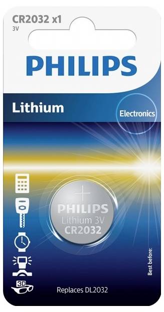 Batterieverpackung Philips CR2032 Lithium 3V, Elektronik. Verpackung zeigt Batterie, Symbole für Anwendungen und Ersatzinfo: DL2032.