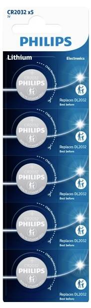 Verpackung von fünf Philips CR2032 Lithium-Batterien. Aufschrift: 'Replaces DL2032, best before.' Batterien in Blisterverpackung.