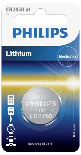 Verpackung einer Philips CR2450 Lithium-Batterie, 3V. Die Verpackung zeigt ein Symbol für Elektronikgeräte.