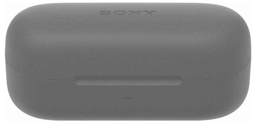 Eine schwarze Ladehülle mit dem Schriftzug 'SONY' darauf, vermutlich für kabellose Ohrhörer.