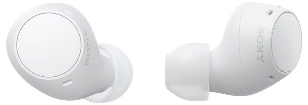 Weiße Sony In-Ear-Kopfhörer mit minimalistischem Design, präsentiert in einer Nahaufnahme.