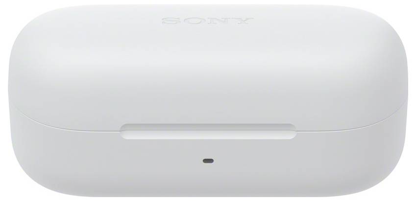 Weiße Ladehülle mit Sony-Logo für kabellose Ohrhörer, geschlossen, mit Ladeanzeige auf der Vorderseite.