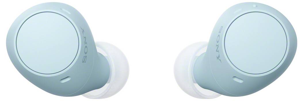 Kabellose, hellblaue Ohrhörer der Marke Sony, symmetrisch nebeneinander liegend, auf weißem Hintergrund. Geeignet für Musikhören unterwegs.