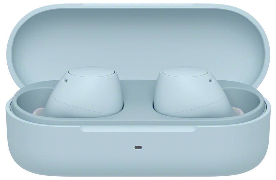 Drahtlose In-Ear-Kopfhörer in einem offenen Ladeetui, hellblaue Farbe.