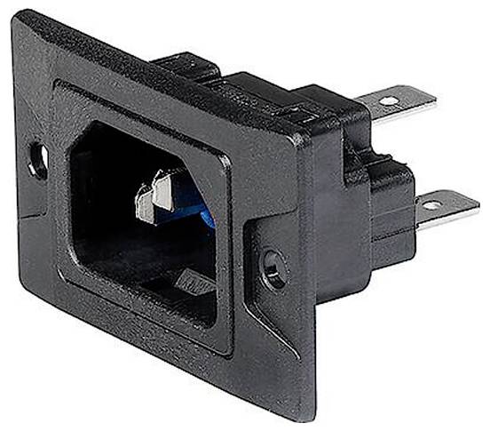 Abbildung eines schwarzen Kaltgeräteanschlusses mit drei Kontakten, zur Verwendung in elektronischen Geräten.