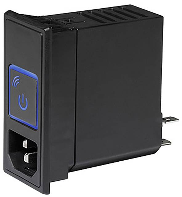 Schwarzer elektrischer Stecker mit blauem Ein-/Ausschalter und WLAN-Symbol, geeignet für Steckdosenanschluss.