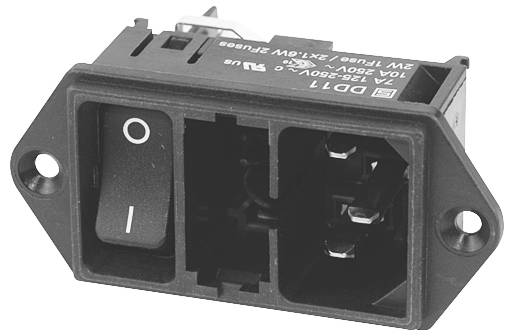 Ein schwarz-weißer Netzschalter im eingebauten Zustand mit zwei Anschlüssen und einem Schalter mit 'I' für Ein und 'O' für Aus.