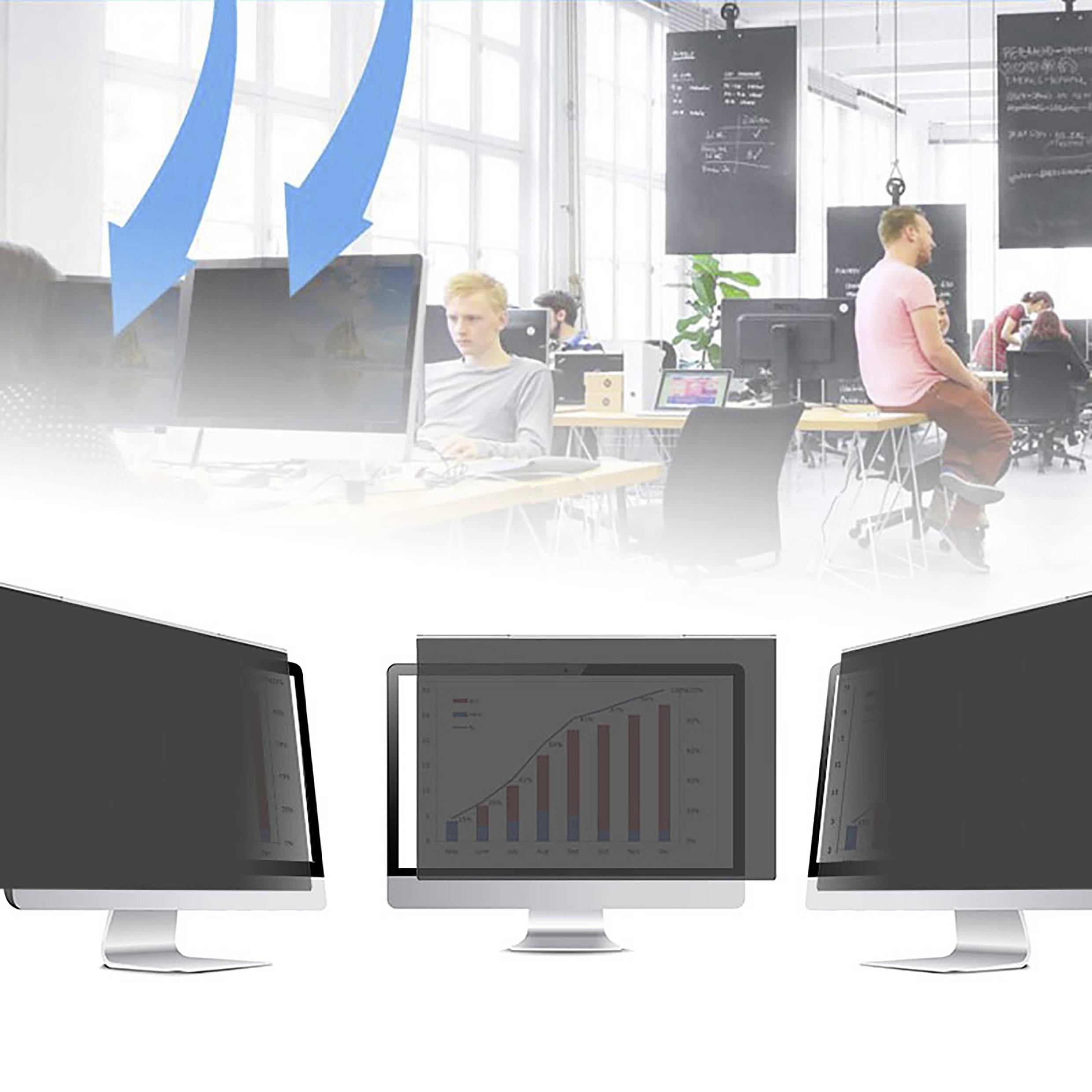 Eine moderne Büroumgebung mit mehreren Personen an Computern. Ein Diagramm auf einem Bildschirm zeigt steigende Balken, was auf Wachstum hindeutet.