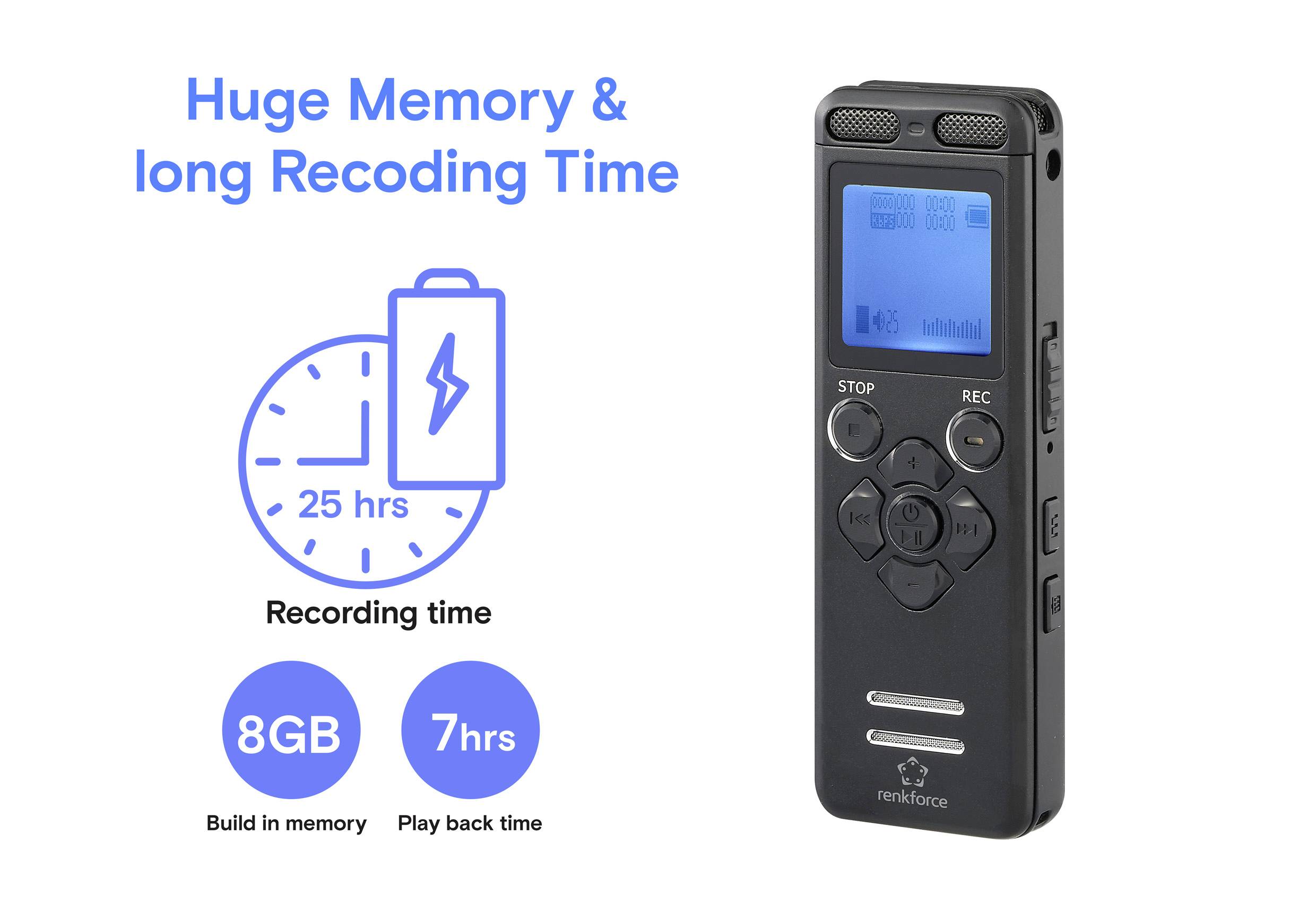 Renkforce RF-DVR-E36 Digitales Diktiergerät Aufzeichnungsdauer (max.) 25h Schwarz Geräuschunterdrückung