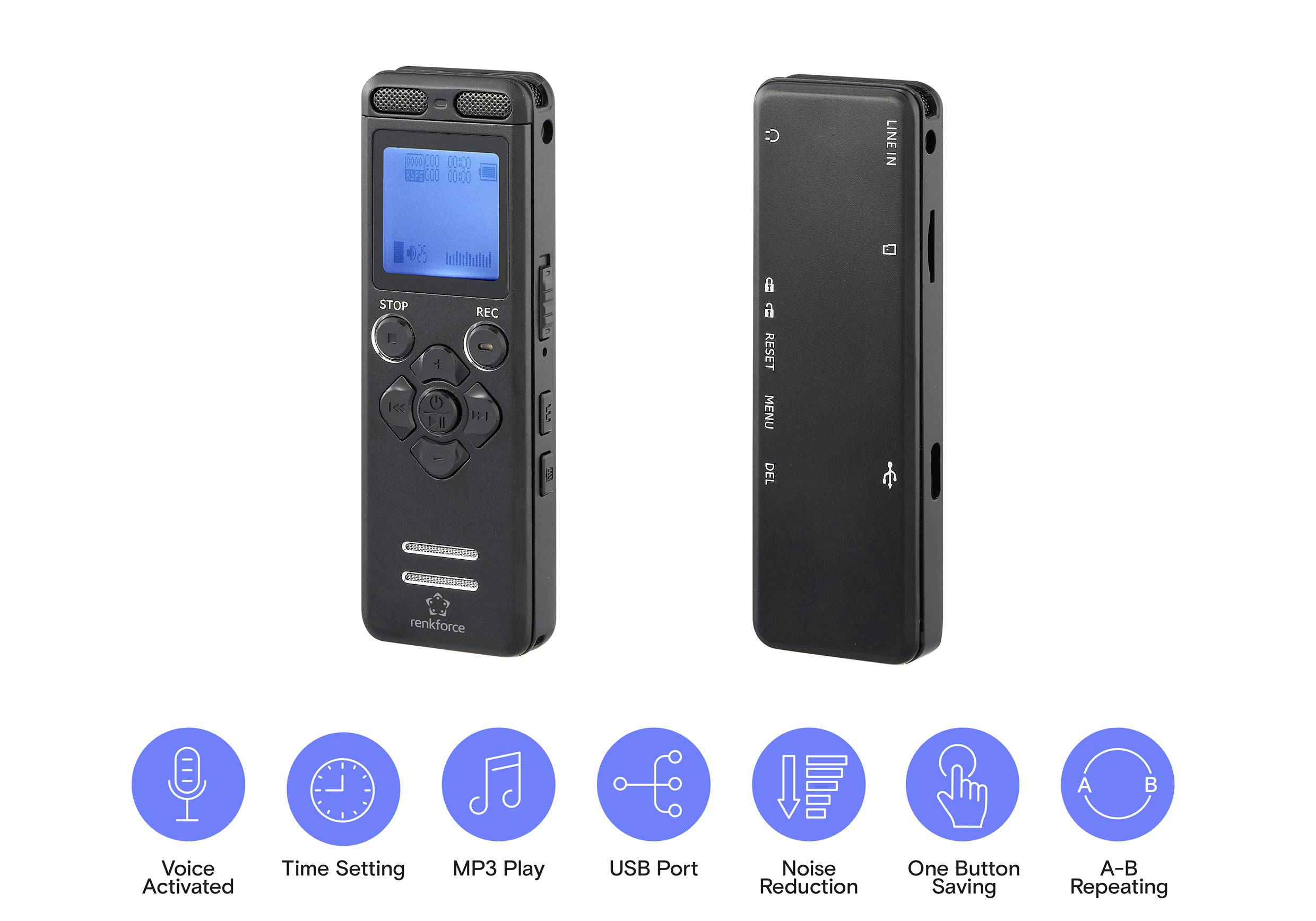 Renkforce RF-DVR-E36 Digitales Diktiergerät Aufzeichnungsdauer (max.) 25h Schwarz Geräuschunterdrückung