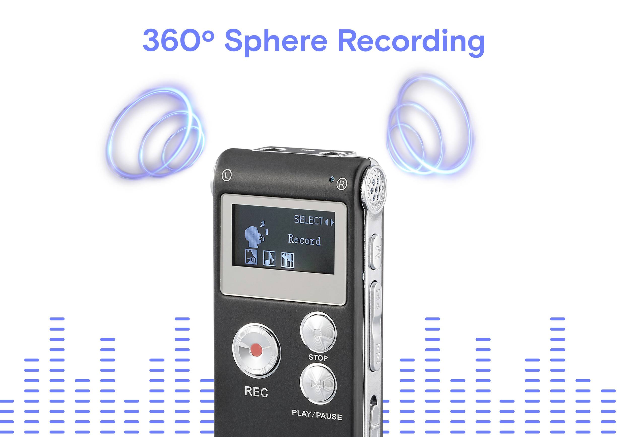 Ein digitales Aufnahmegerät mit 360°-Kugelaufnahmefunktion. Im Hintergrund sind blaue Klangwellen und Text '360° Sphere Recording' sichtbar.