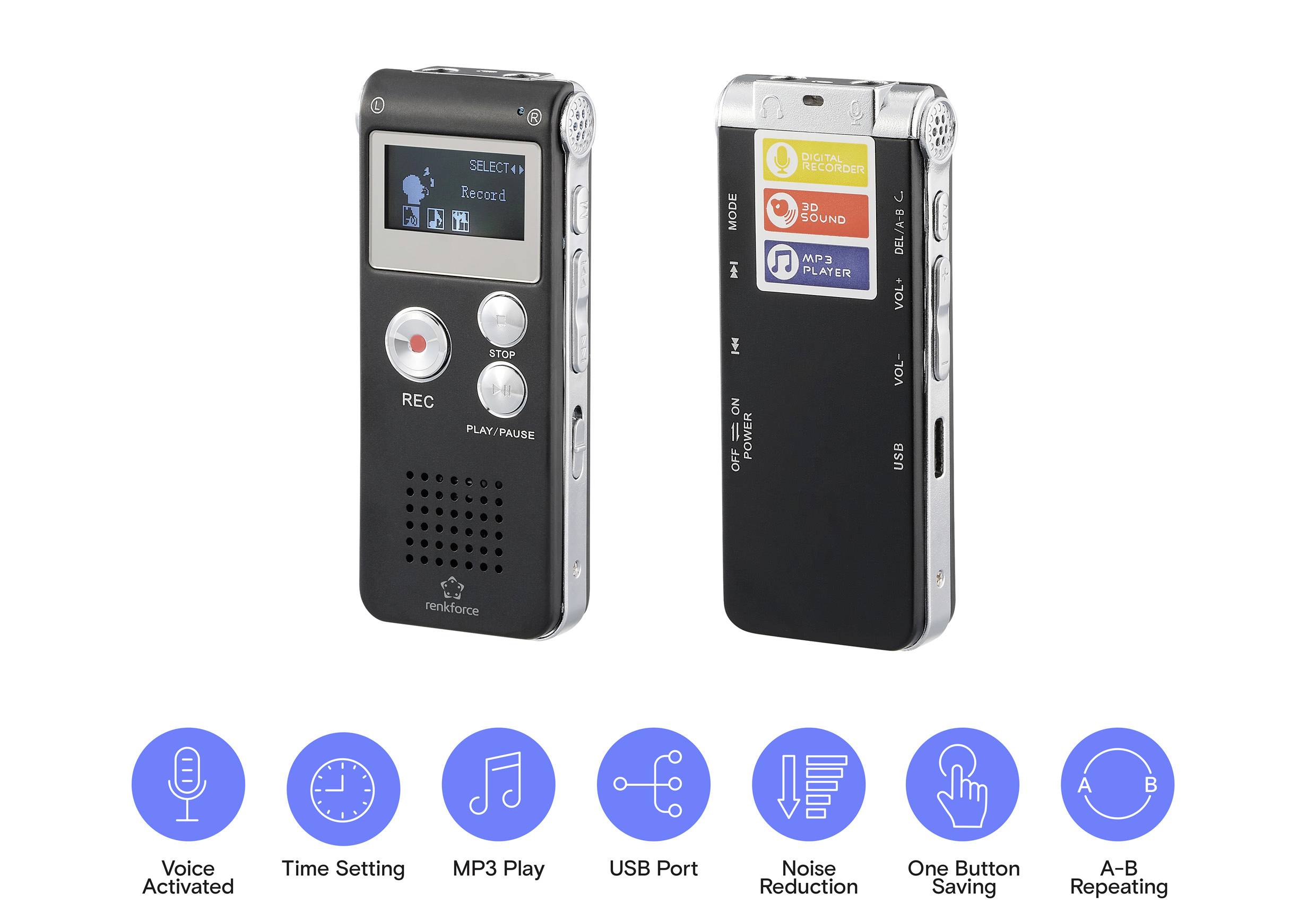 Zwei digitale Diktiergeräte in Schwarz. Vorderseite zeigt Bedienknöpfe und Display, Rückseite mit Farbmarkierungen. Darunter Piktogramme für Funktionen: Sprachaktivierung, MP3, USB, Rauschunterdrückung.