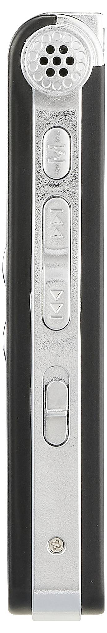 Schwarzer und silberner Rand eines elektronischen Gerätes mit mehreren Tasten und einem Lautsprecherausgang oben.