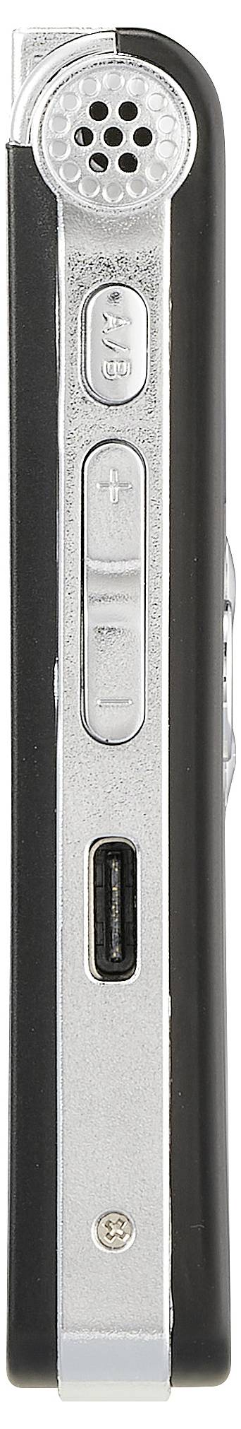 Diktiergerät in seitlicher Ansicht mit Mikrofonöffnung oben, Bedienknöpfen und USB-Anschluss.