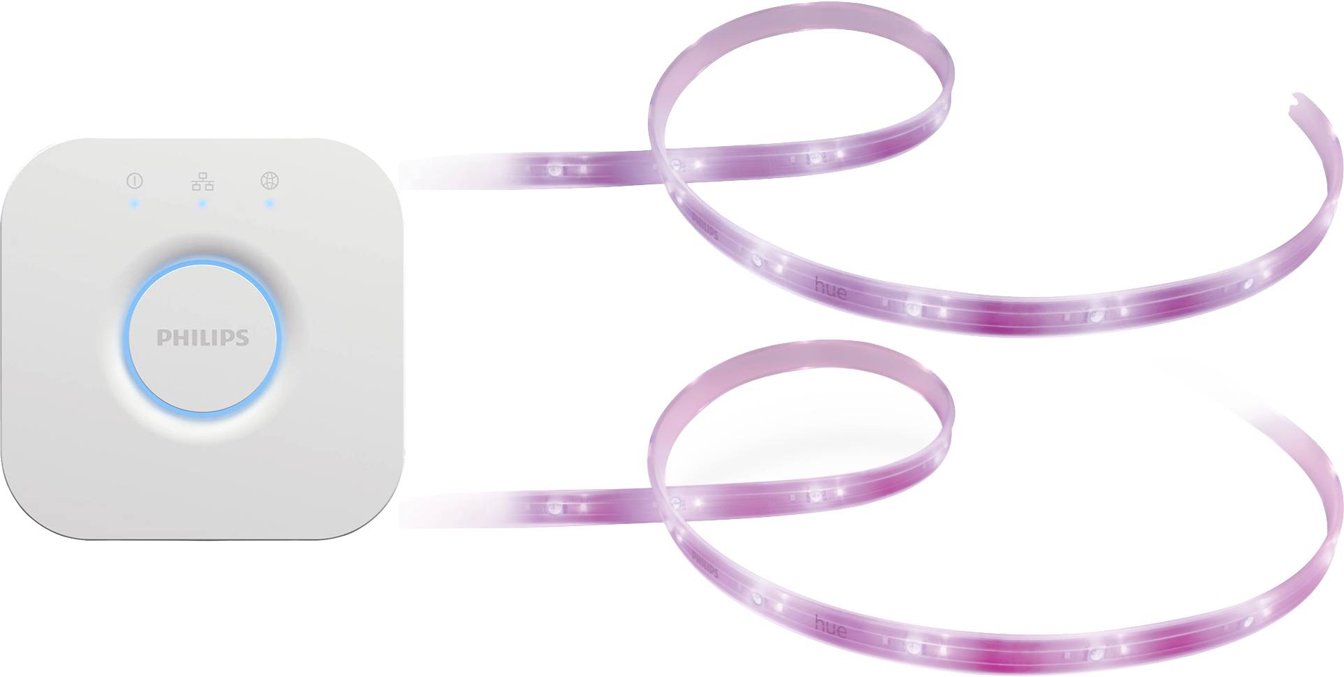 Philips Hue Lightstrip und Bridge; zeigt flexibles LED-Leuchtband in Rosa mit Steuergerät.