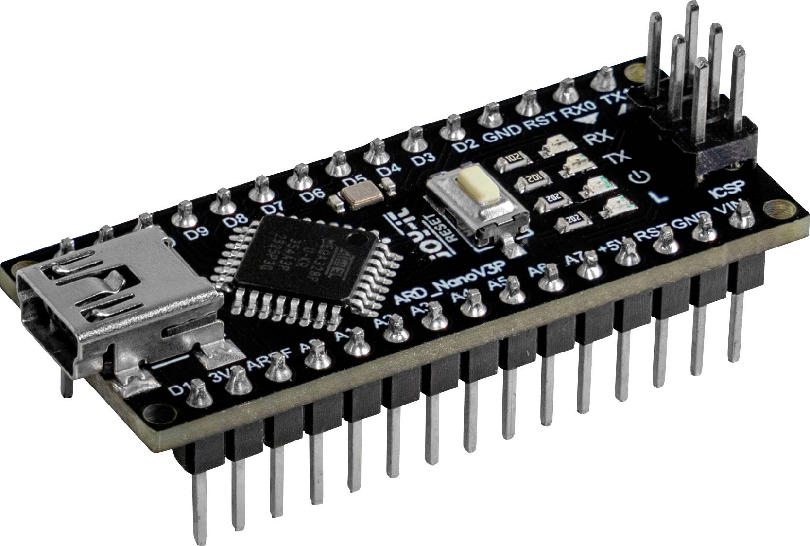 Ein Mikrocontroller-Board mit mehreren Pins und einem USB-Anschluss. Aufschrift: 'Nano' und '20 Digital 8 Analog I/O'.