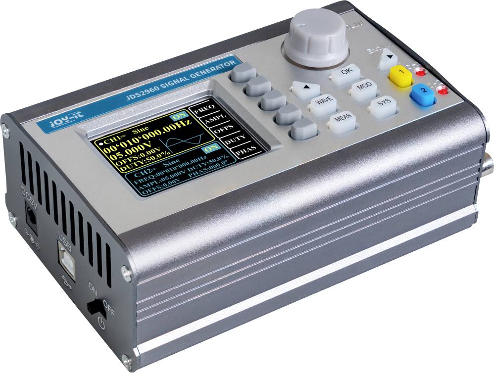 Digitaler Signalgenerator mit Display und Bedientasten zur Einstellung von Frequenz und Wellenform. Gerät für elektronische Messungen.