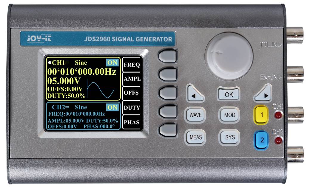 Signalgebergerät mit Display, das Frequenz und Amplitude anzeigt. Steuerknöpfe zur Einstellung von Frequenz, Offset und Duty Cycle.