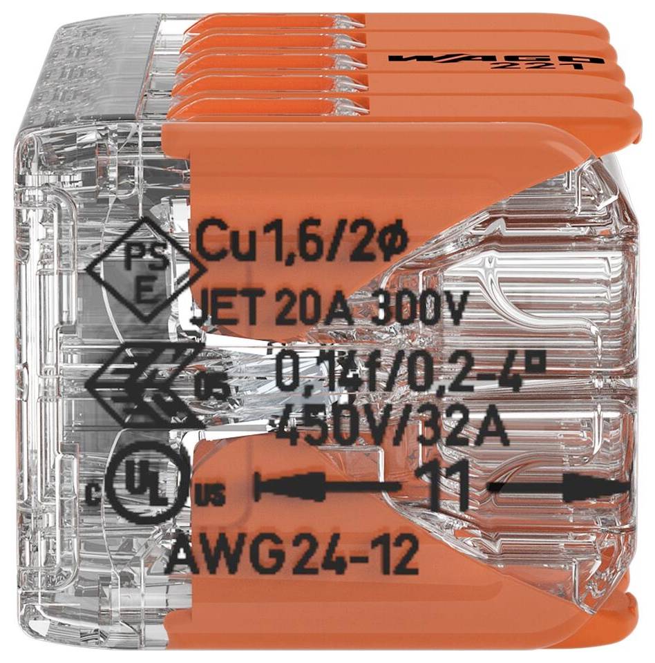 Transparenter Kabelverbinder mit orangenen Hebeln, beschriftet mit technischen Spezifikationen: 300V, 20A, für 0,14-4mm² Kabel.