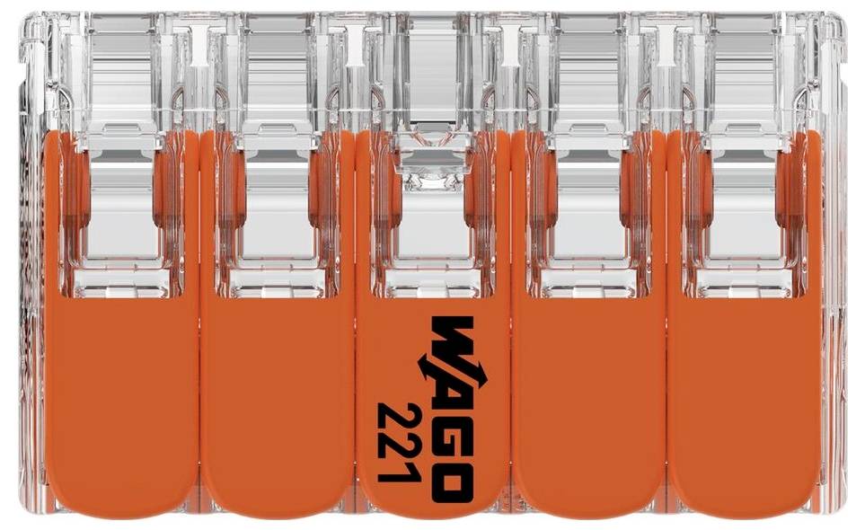 Transparente, fünffach Steckklemme mit orangenen Hebeln, markiert mit 'WAGO 221', ermöglicht einfache Drahtverbindung.