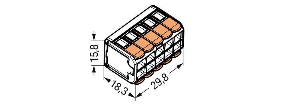 Abbildung eines mehrpoligen Steckverbinders mit Maße: 15,8 mm x 18,3 mm x 29,8 mm. Zeigt fünf orangefarbene Klemmstellen.