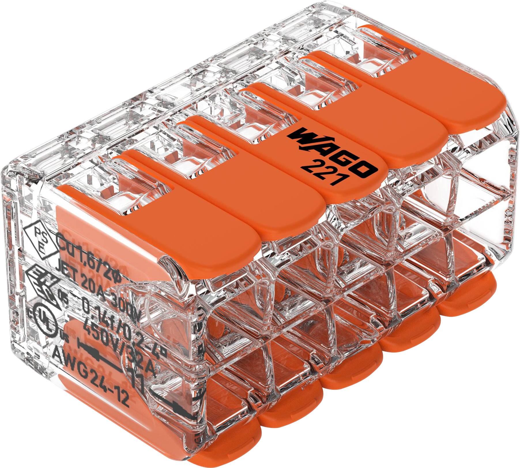 Transparente Wagoklemme mit fünf orangen Hebeln zum Verbinden von elektrischen Leitern. Geeignet für Querschnitte von 0,14 bis 4 mm².