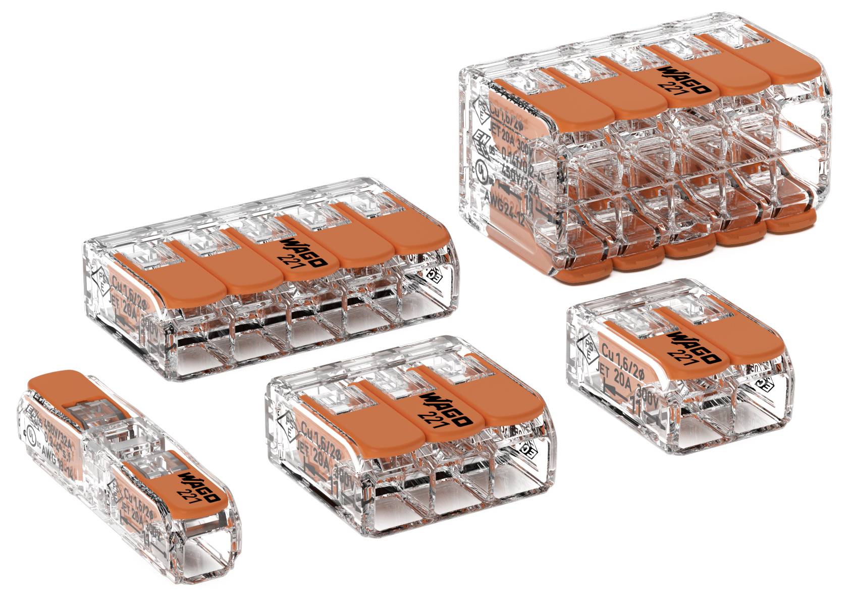 Mehrere transparente Steckklemmen mit orangen Hebeln, geeignet für den Elektroinstallationsbedarf. Unterschiedliche Größen sichtbar.