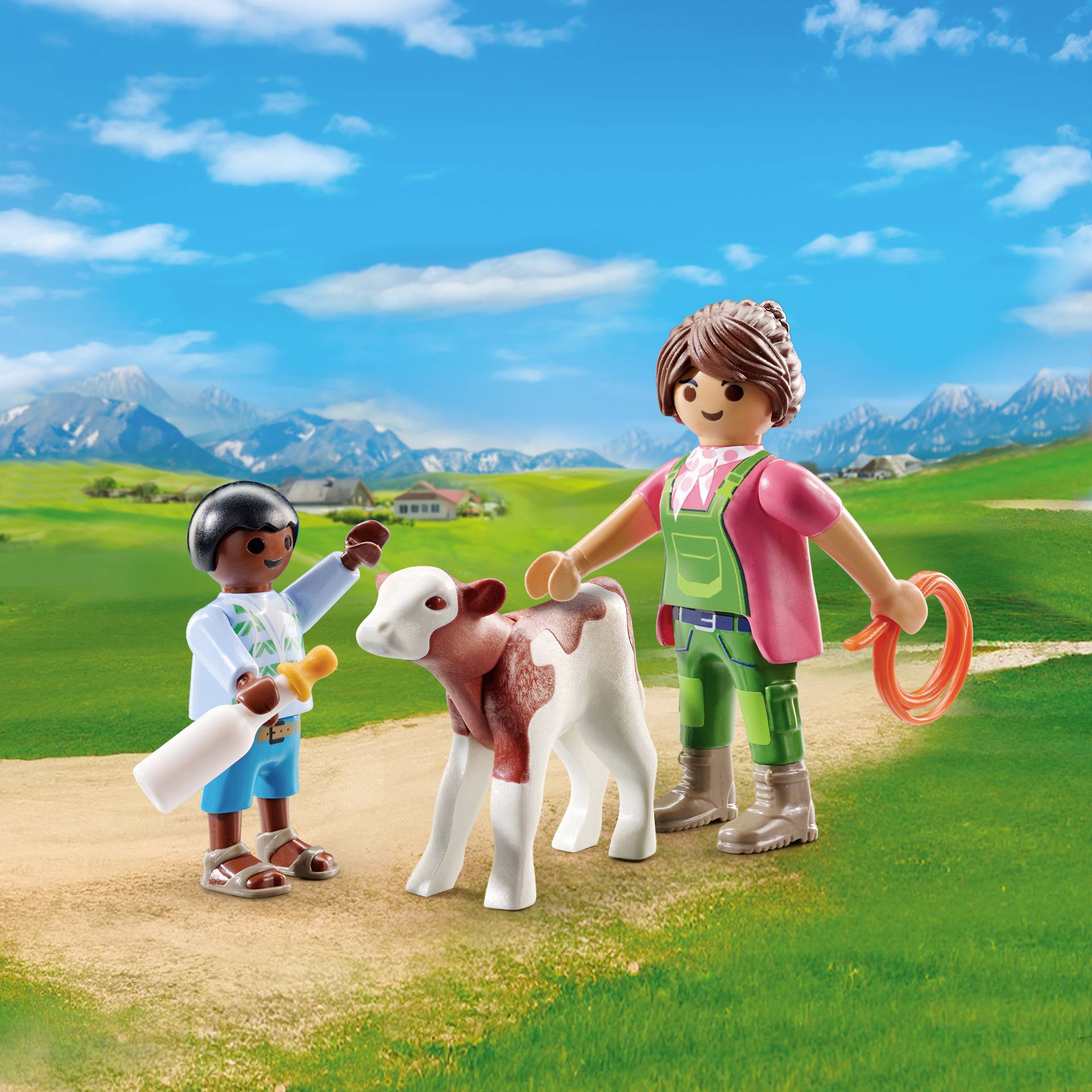 Playmobil® DUOPACK Bäuerin mit Kind und Kalb 71803