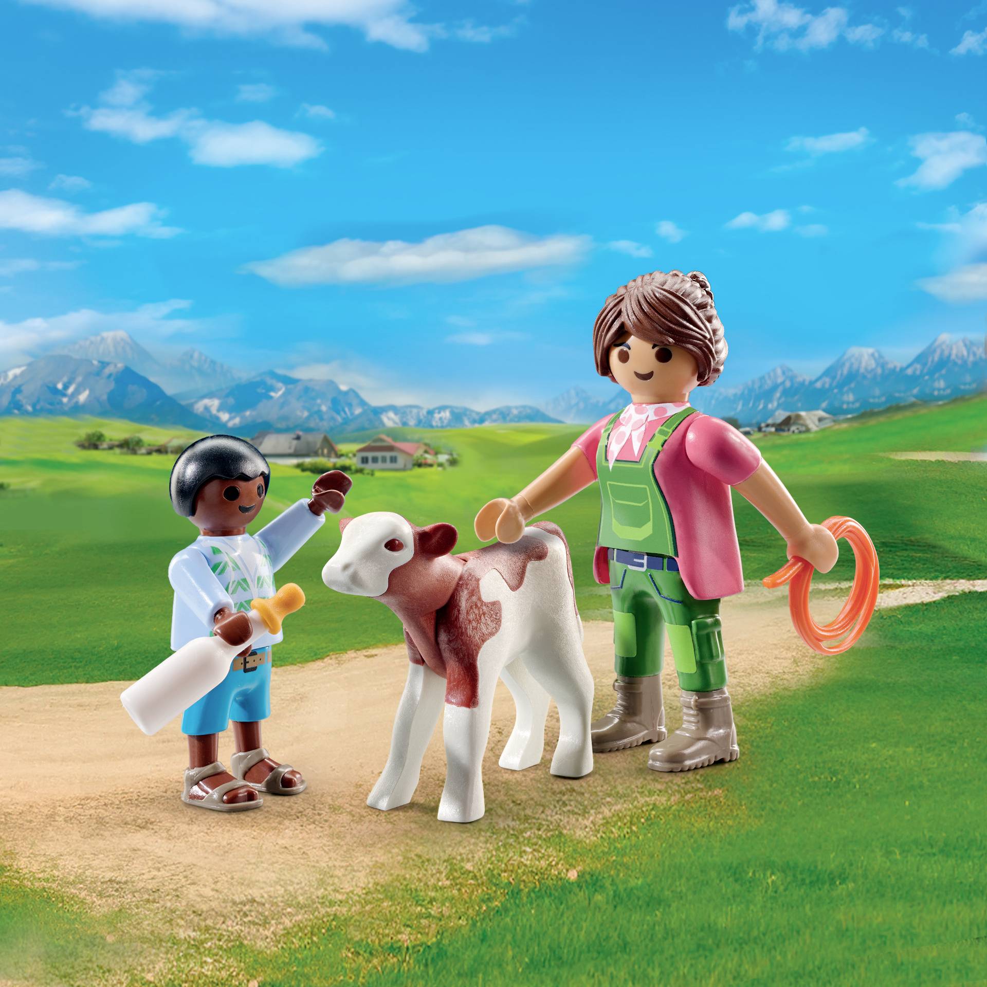 Playmobil® DUOPACK Bäuerin mit Kind und Kalb 71803