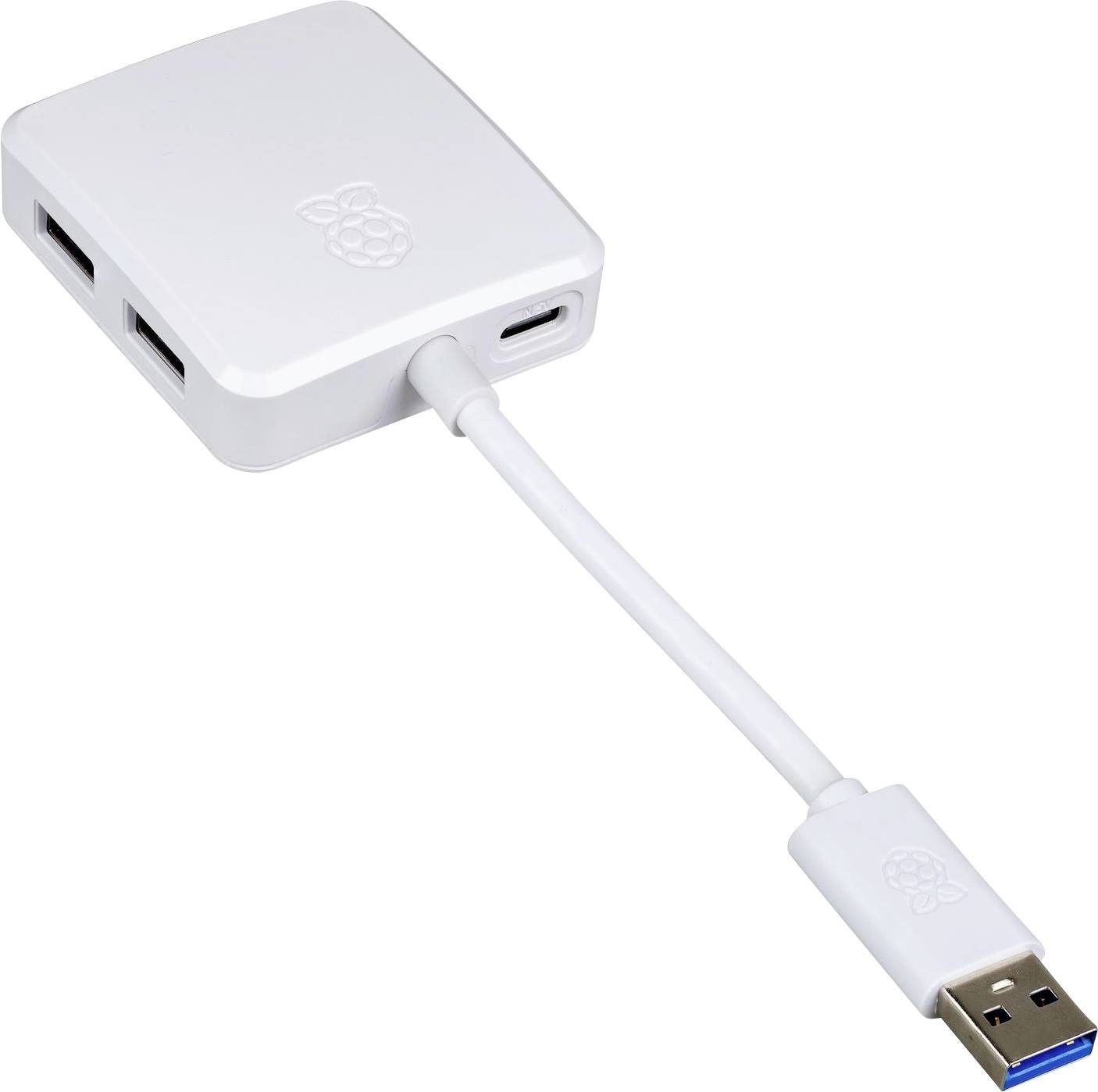 Weißer Adapter mit zwei USB-Ports, einem Ethernet-Anschluss und einem USB-Kabel.