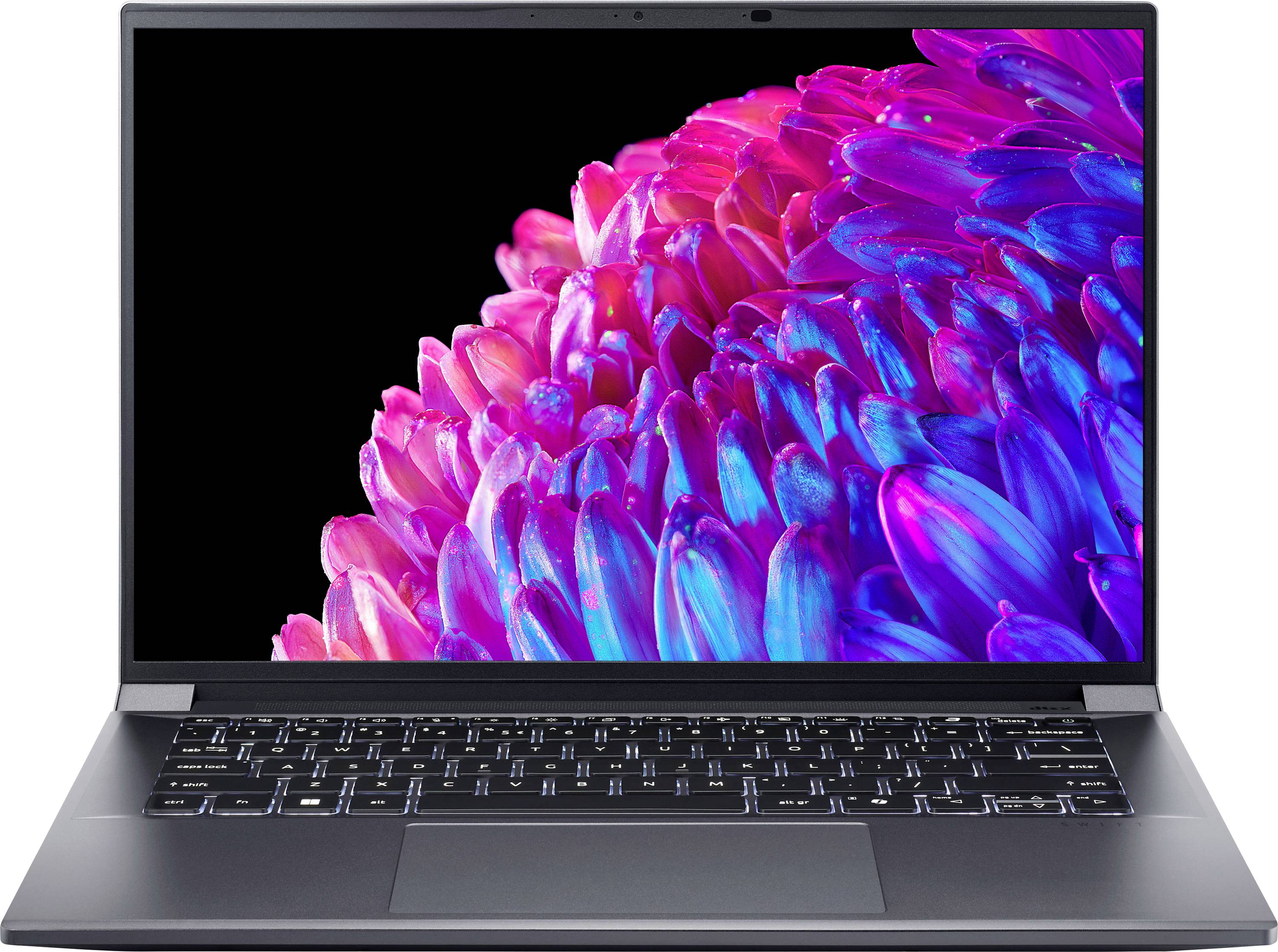 Ein Laptop mit geöffneter Anzeige zeigt ein farbenfrohes, abstraktes Bild eines Blütenmusters in Rosa- und Blautönen.