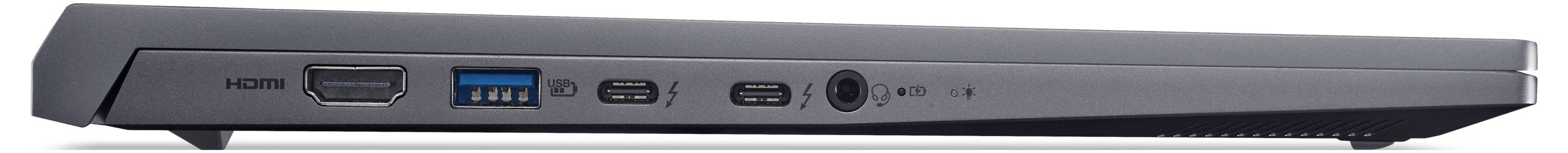 Ein seitlicher Blick auf einen Laptop mit mehreren Anschlüssen: HDMI, USB, zwei USB-C-Ports und eine Kopfhörerbuchse.