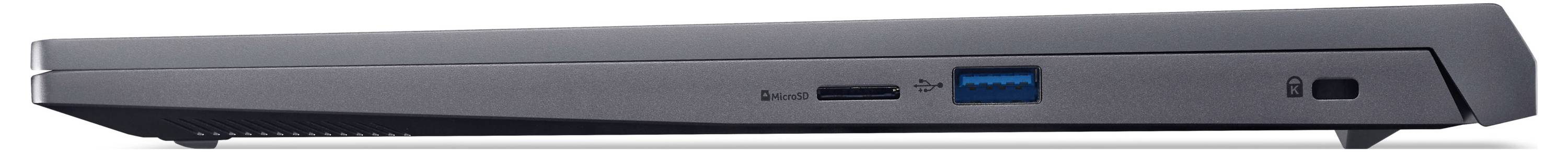 Laptop in seitlicher Ansicht; Anschlussmöglichkeiten umfassen USB- und HDMI-Ports. Gehäuse in dunkler Farbe.