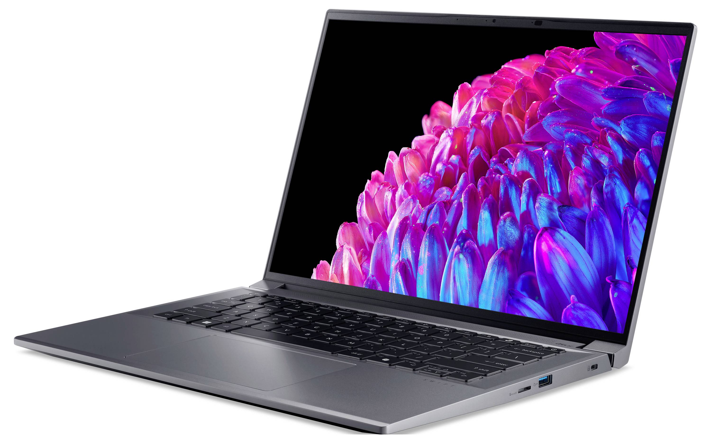 Ein schlanker Laptop mit einem farbenfrohen, blumenartigen Muster auf dem Bildschirm. Das Gerät ist im aufgeklappten Zustand sichtbar.