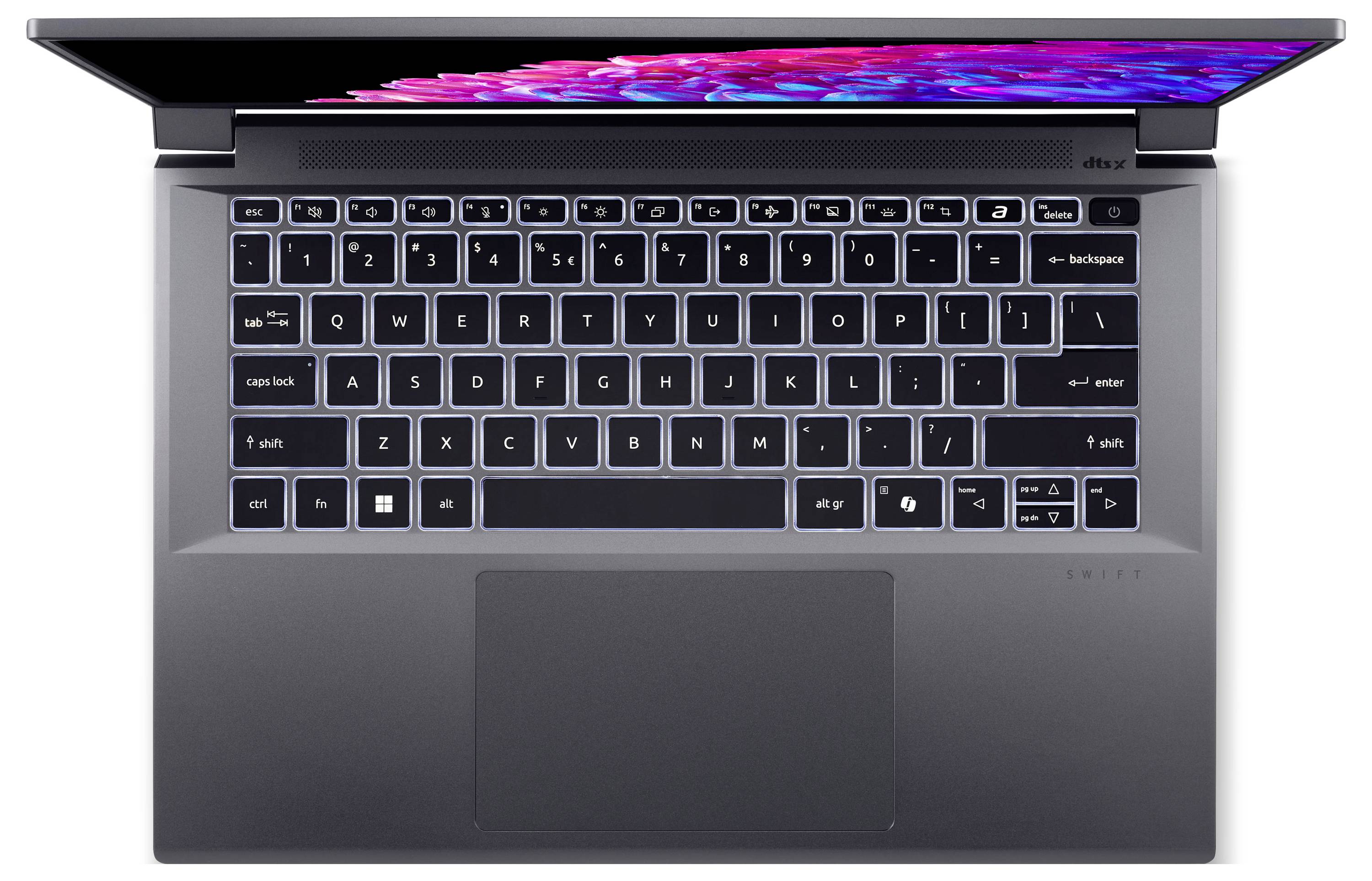 Ein Laptop von oben, mit schwarzer Tastatur. Der Bildschirm zeigt bunte Farben. Das Touchpad befindet sich unterhalb der Tastatur.