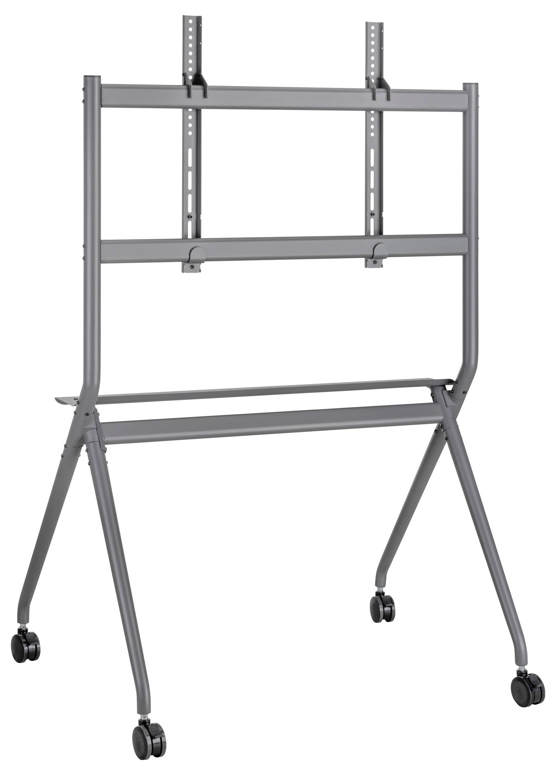 Ein silbernes, mobiles Ständergerüst auf Rollen, geeignet zur Befestigung eines Fernsehers oder Monitors, mit verstellbarer Höhe.