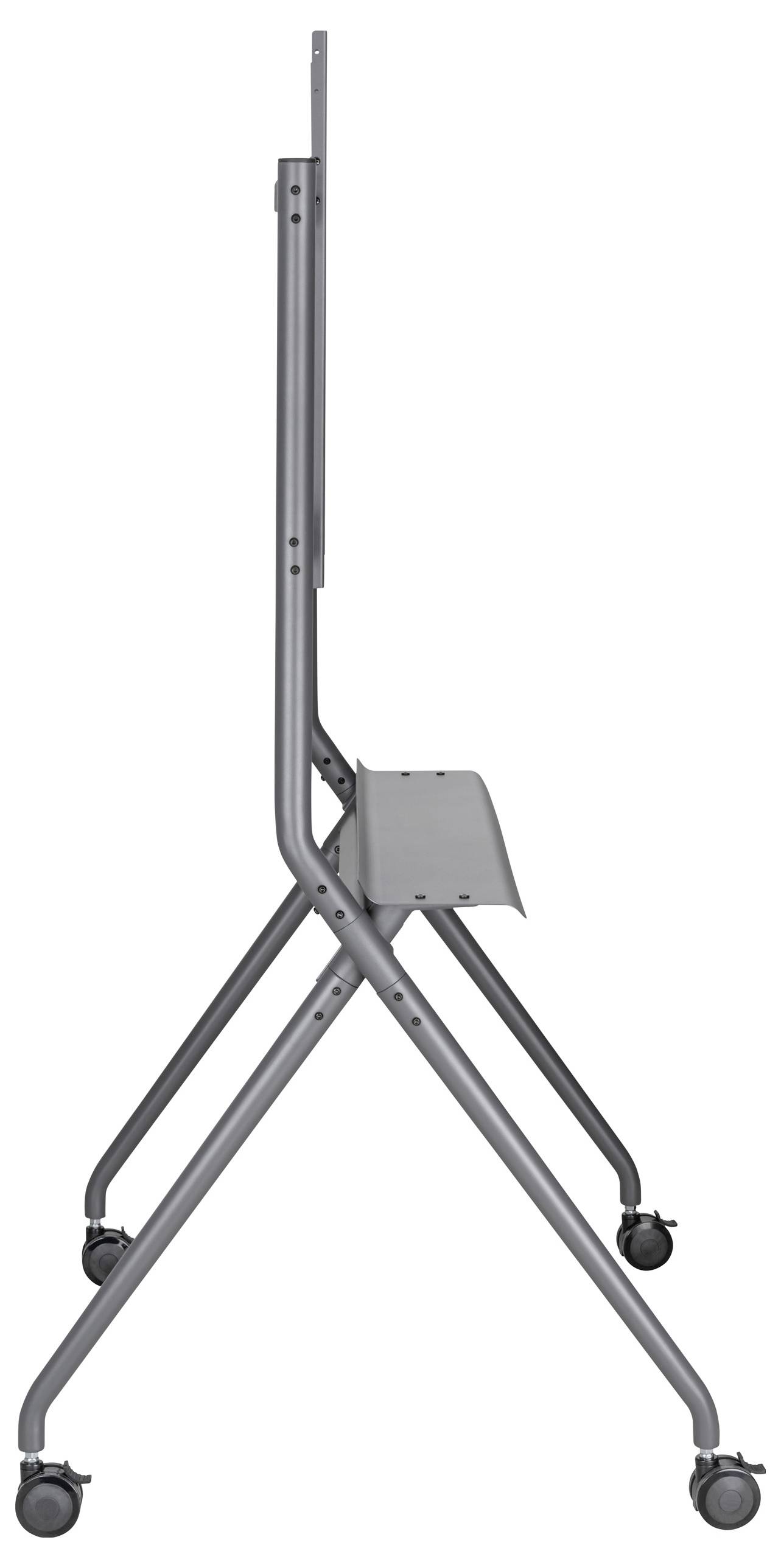 Ein zusammenklappbarer grauer Stuhl mit Rollen, von der Seite gesehen, zeigt das schlanke Design und die stabile Struktur.