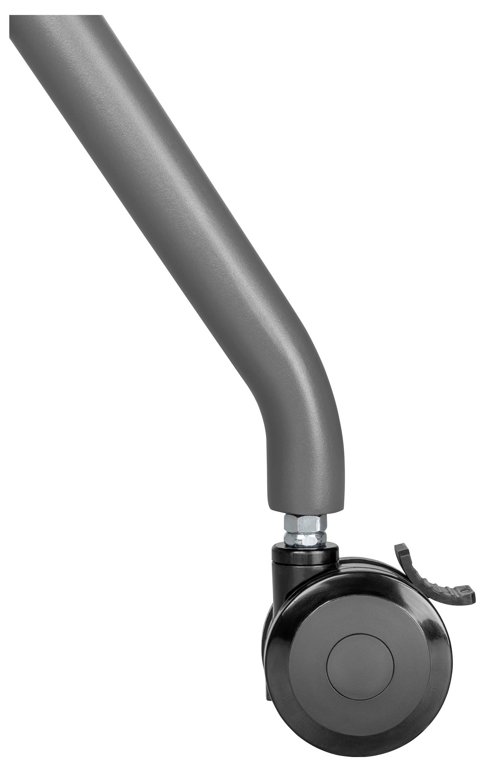 Nahaufnahme eines grauen Stuhlbeins mit schwarzem Rad und Feststellhebel.