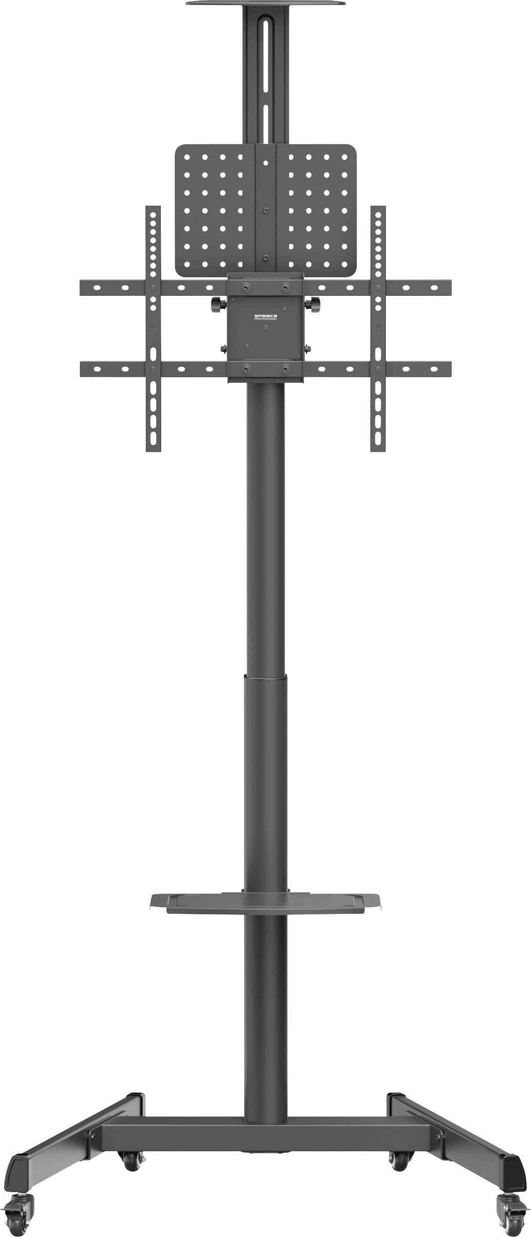 Ein schwarzer TV-Ständer auf Rollen mit einstellbarer Halterung und Ablagefläche. Ideal für flexible Raumgestaltung.