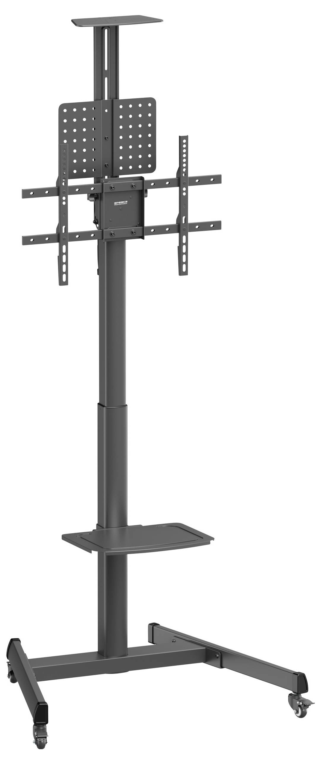 Ein höhenverstellbarer, mobiler TV-Ständer auf Rollen, geeignet für große Bildschirme, mit Ablage für Zubehör.