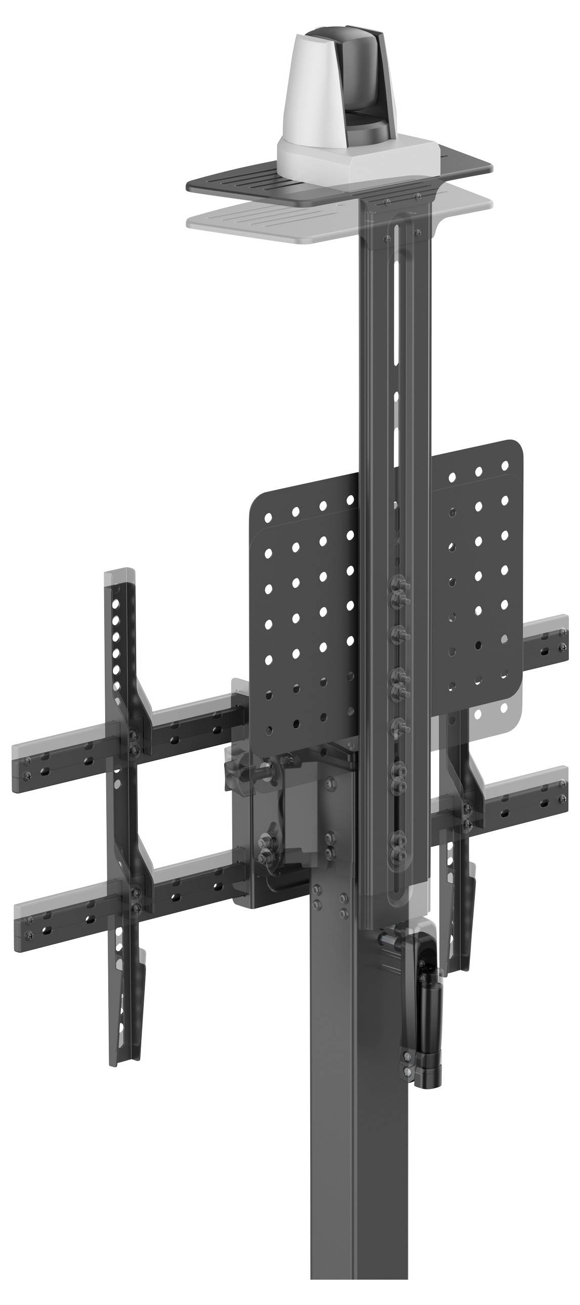 Ein Montagesystem für Flachbildschirme mit Schienen und Halterungen, geeignet für die Installation von Monitoren und Kameras.