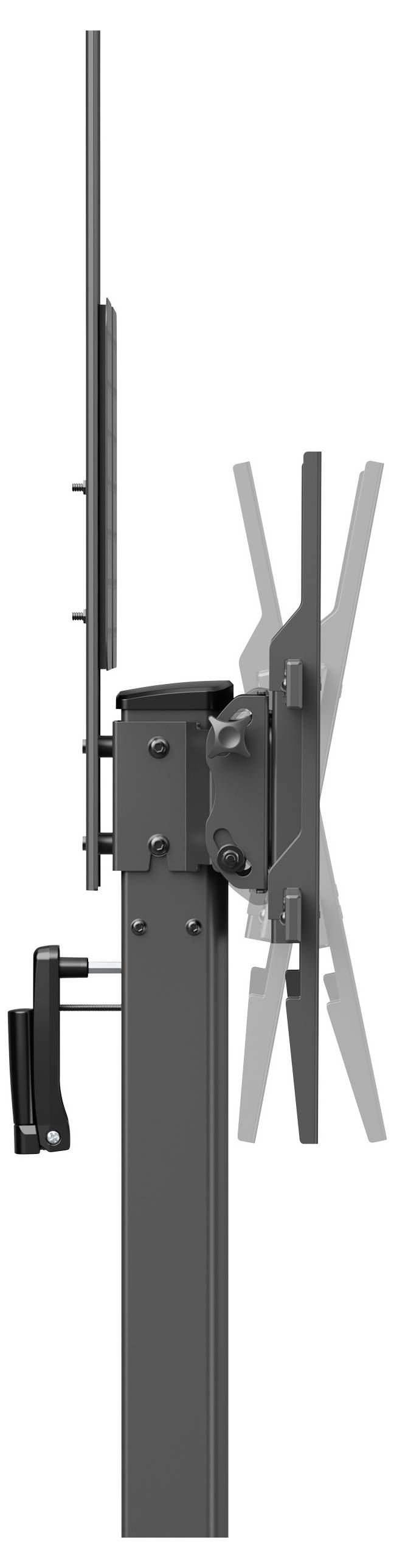 Seitenansicht einer TV-Halterung mit verstellbaren Armen und Griff. Eignet sich zur flexiblen Befestigung eines Fernsehers an der Wand.