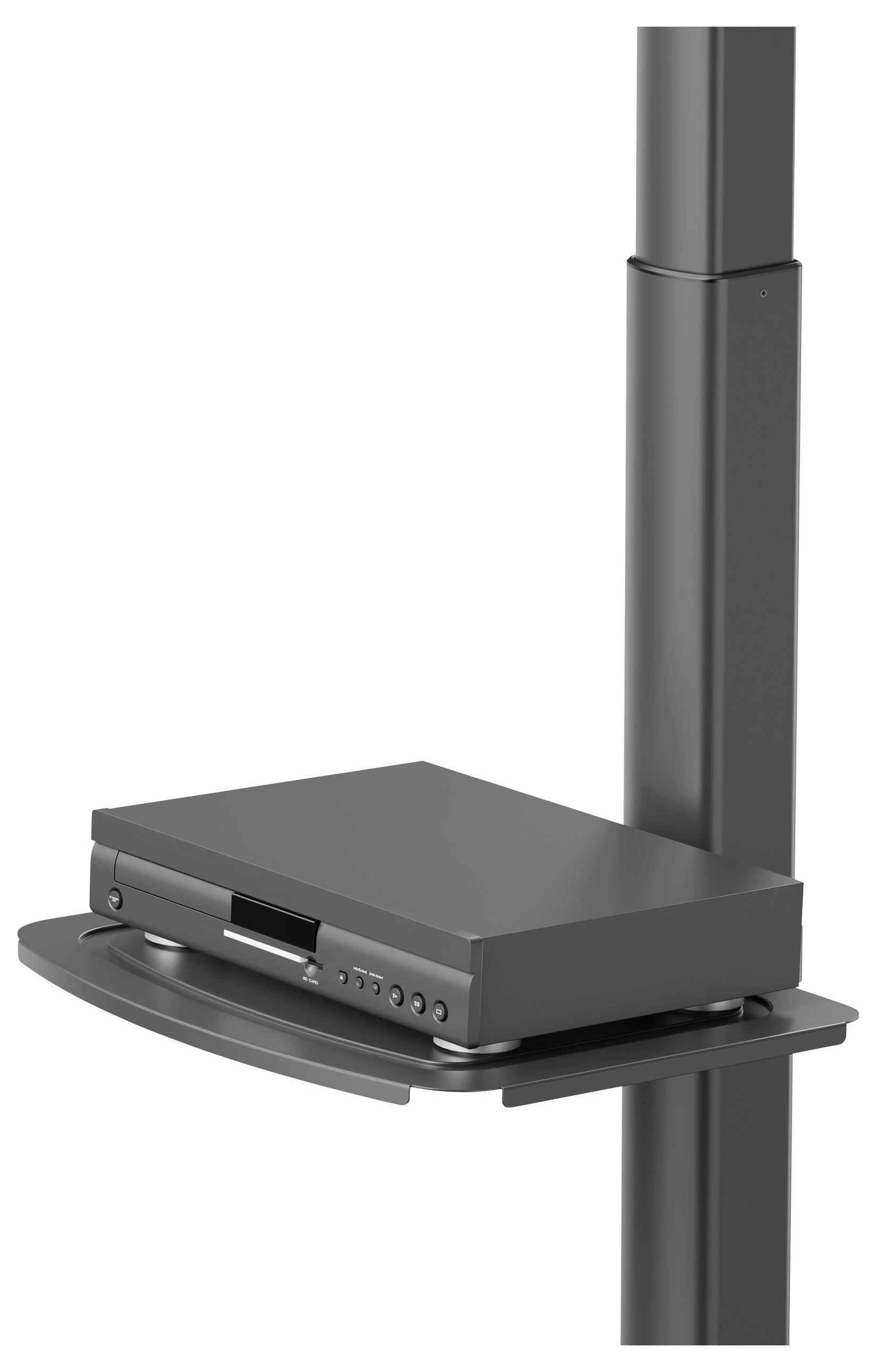 Graues DVD-Player-Gerät auf einem verstellbaren Metallständer montiert, möglicherweise in einem Wohn- oder Arbeitsumfeld verwendet.