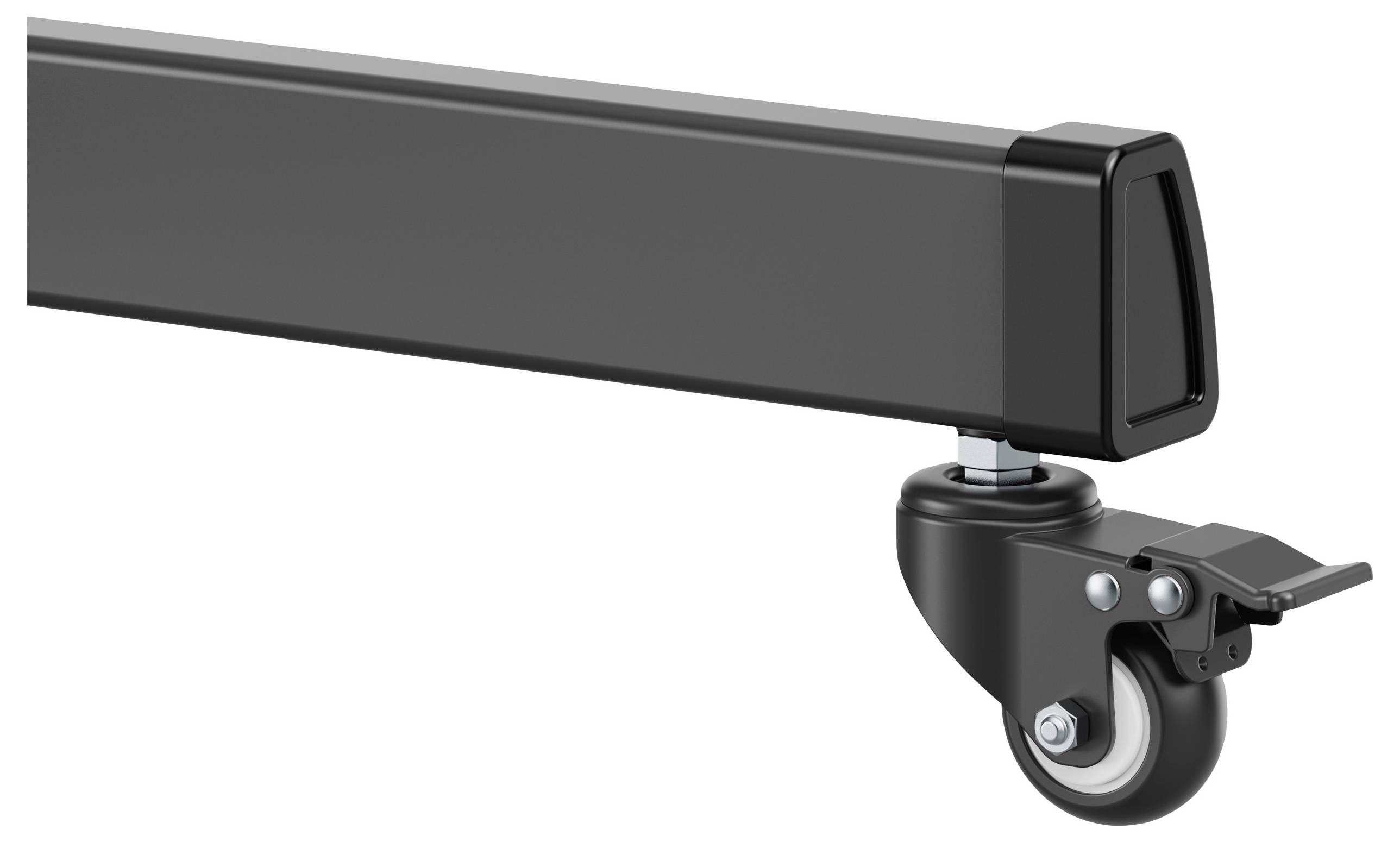 Schwarzes Rollbein eines Möbelstücks mit feststellbarem Rollenrad, geeignet für leichten Transport und Stabilität in Innenräumen.