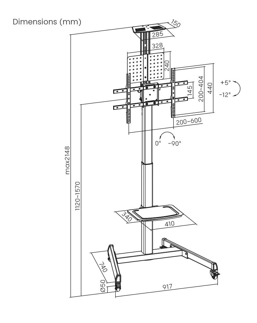 Diagramm eines mobilen TV-Ständers mit Abmessungen in Millimetern. Höhenverstellbar bis 2418 mm, mit neigbarer VESA-Halterung.