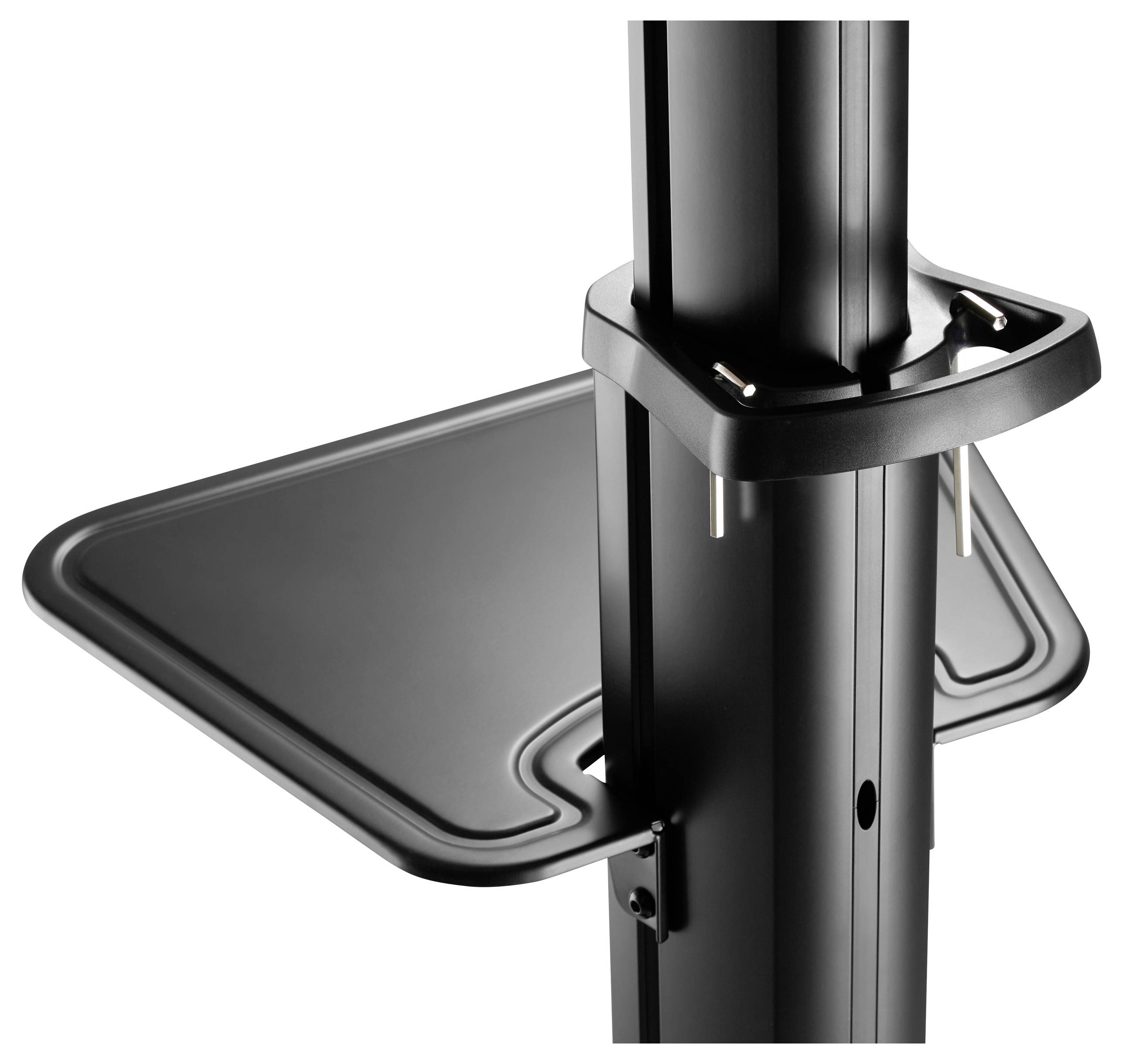 Schwarzes, vertikales Regal mit rechteckigem, abgestecktem Fach. Geeignet für die Aufbewahrung von Geräten oder Zubehör.