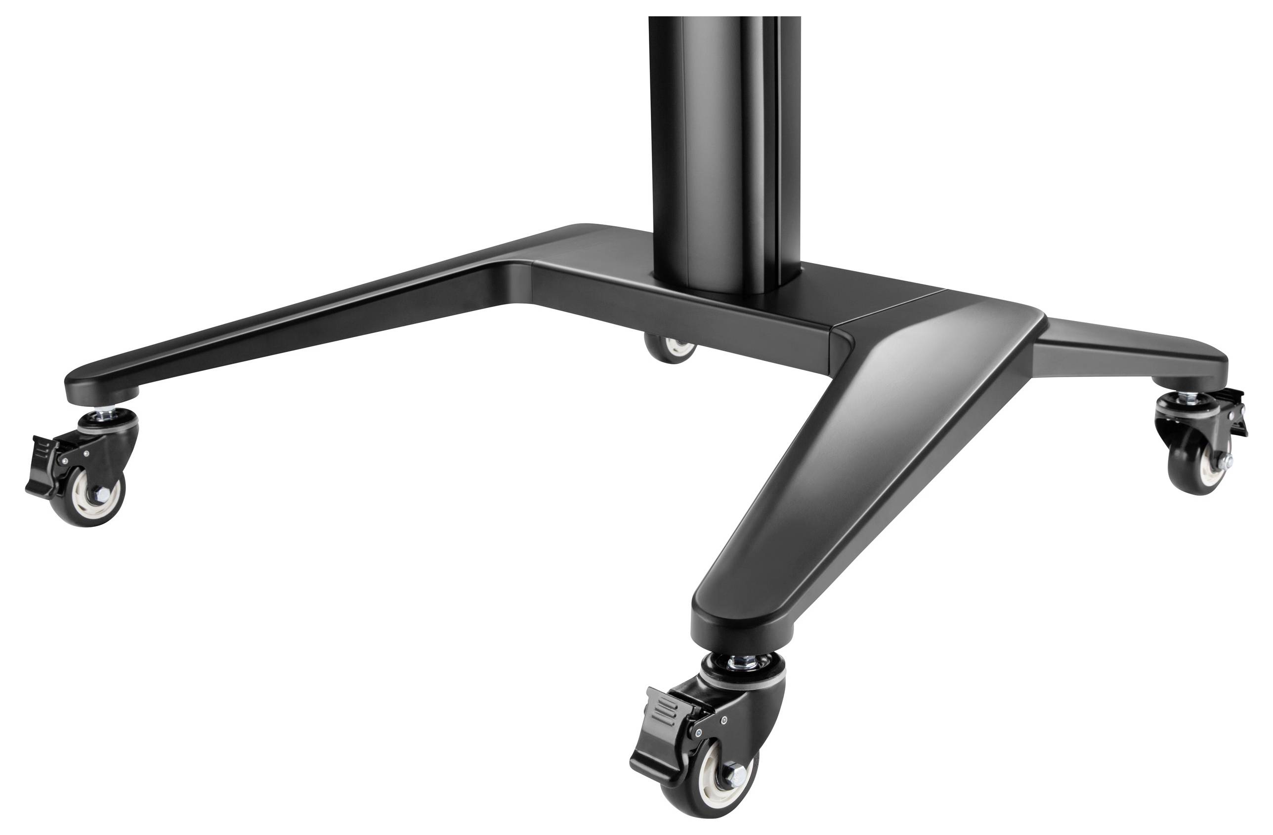 Schwarzer Metallständer mit vier Rollen, die Mobilität ermöglichen. Der Standfuß ist robust und glatt gestaltet.
