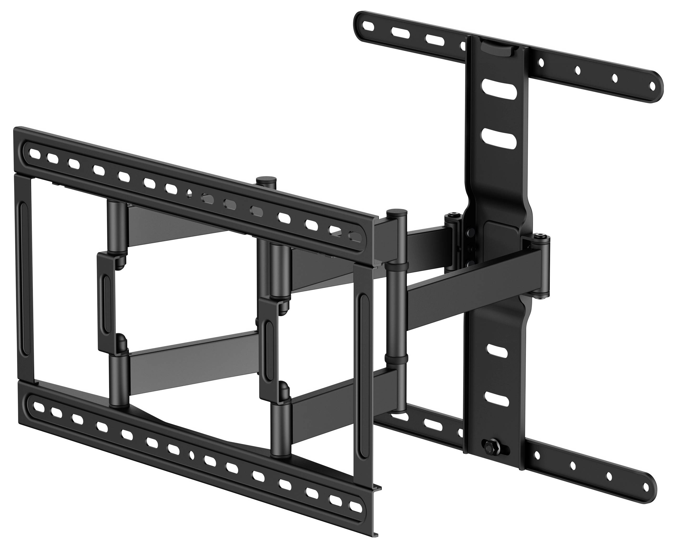 Wandhalterung für Fernseher, neigbar und schwenkbar, aus schwarzem Metall mit mehreren Montagemöglichkeiten.
