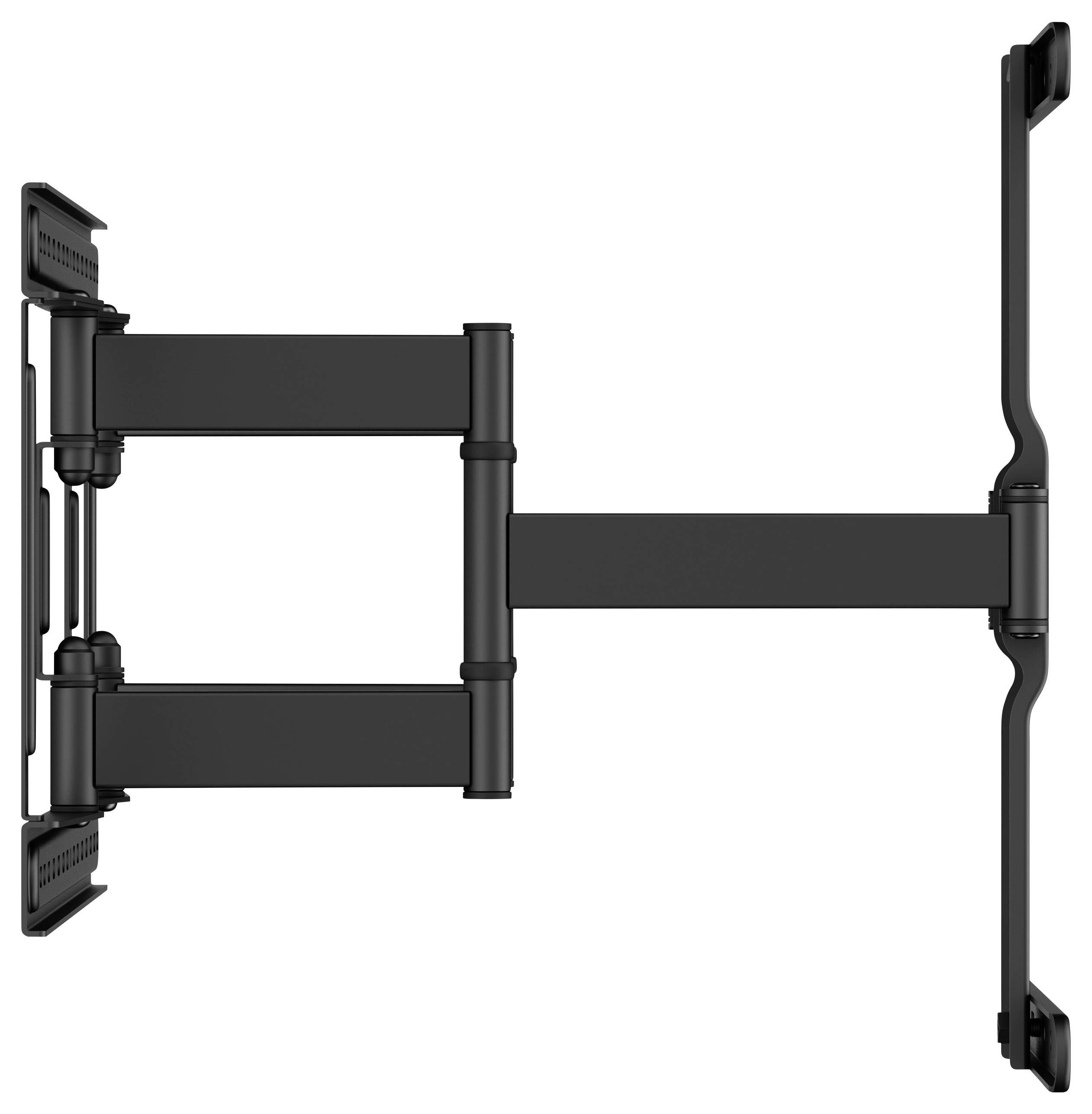 Ein schwarzer, verstellbarer TV-Wandhalter mit zwei Gelenkarmen für flexible Positionierung, Ansicht von der Seite.