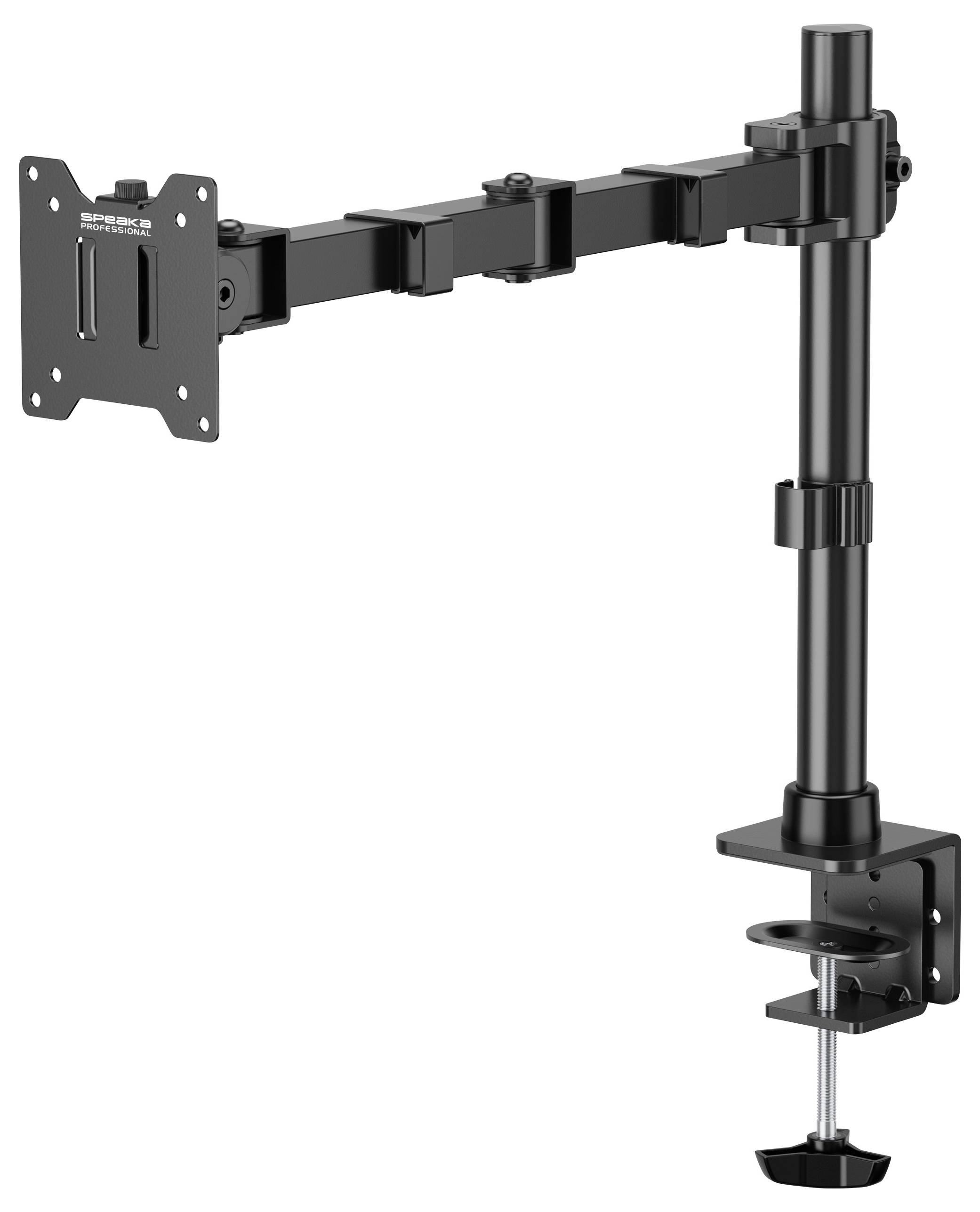 Ein schwarzer Monitorarm mit Tischklemme zur Befestigung. Der Arm ist höhenverstellbar und hat eine Halterung zur Befestigung eines Bildschirms.